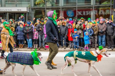 Montreal, Canada - March 17 2019 People celebrating the Saint Patrick`s Day Parade in Montreal downtown