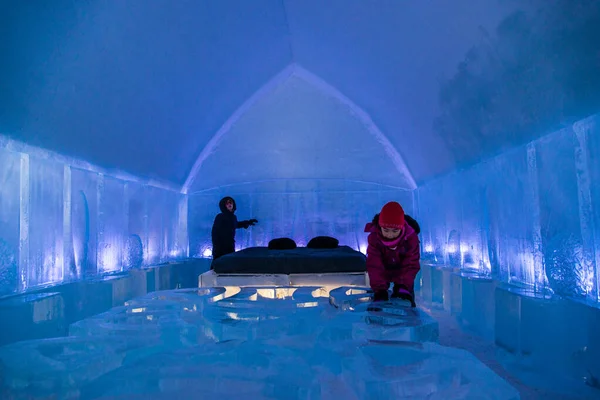 Quebec city, Canada - Feburary 17 2019: Interior of Ice Hotel in Quebec