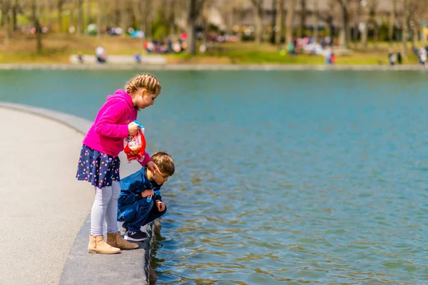 Montreal, Canada - May 12, 2019: Two kids watching fish by the lake of castor in Mont-Royal of Montreal