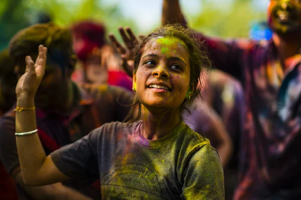 Montreal Canada August 2019 People Celebrate Holi Festival Throwing Color Stock Photo