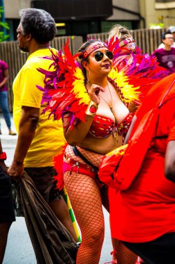 Montreal şehir merkezindeki Karayip geçit töreninde insanlar kutlama yapıyor.