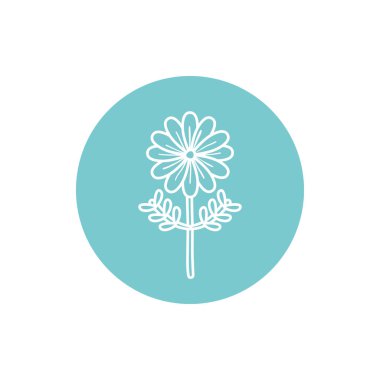 Flower inside blue circle line block style icon set vector design