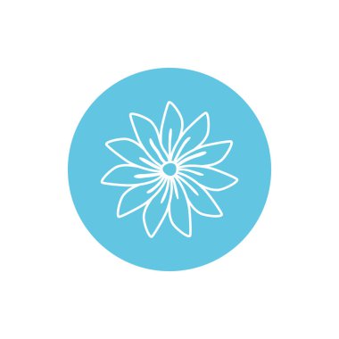 Flower inside blue circle line block style icon set vector design
