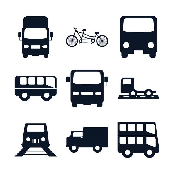 Isolated transportation vehicles silhouette style icon set vector design — 스톡 벡터