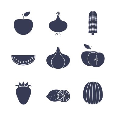 Fruits and vegetables silhouette style icon set vector design