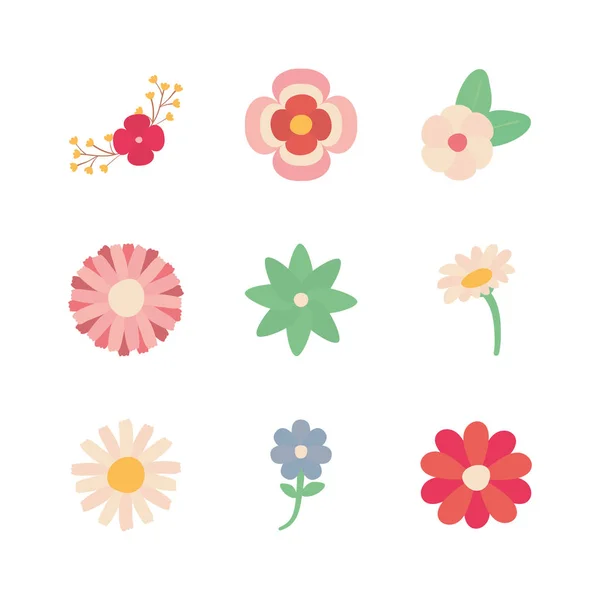 Isolated flowers flat style icon set vector design — Διανυσματικό Αρχείο