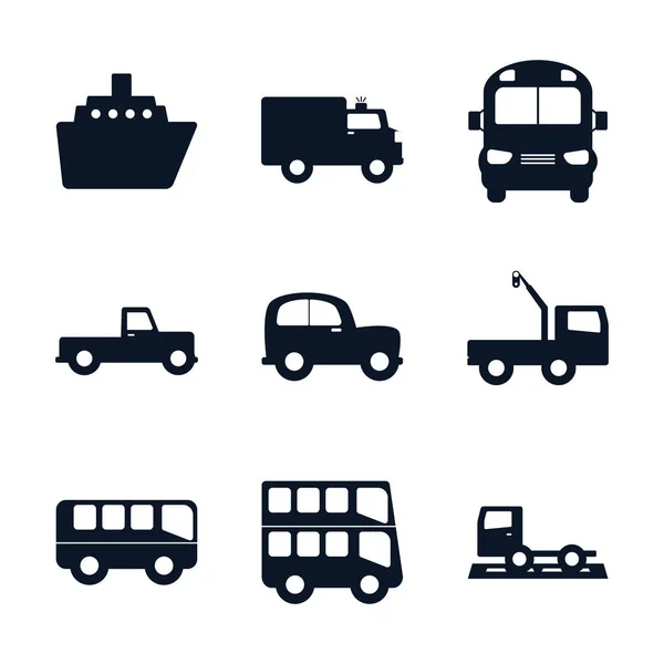 Isolated transportation vehicles silhouette style icon set vector design — Stock Vector