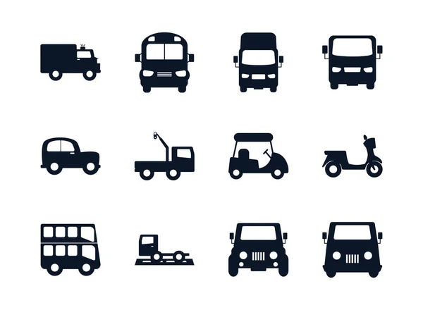 Véhicules de transport isolés silhouette style icône set vectoriel design — Image vectorielle