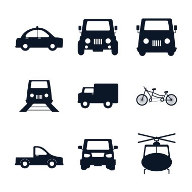 Isolated transportation vehicles silhouette style icon set vector design