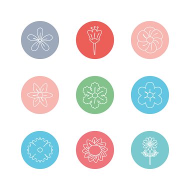 Flowers inside circles line block style icon set vector design