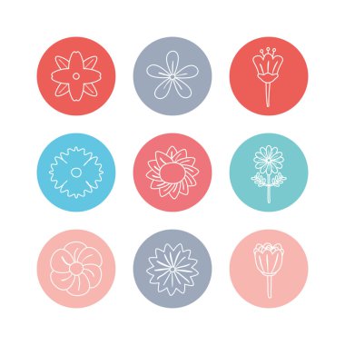 Flowers inside circles line block style icon set vector design