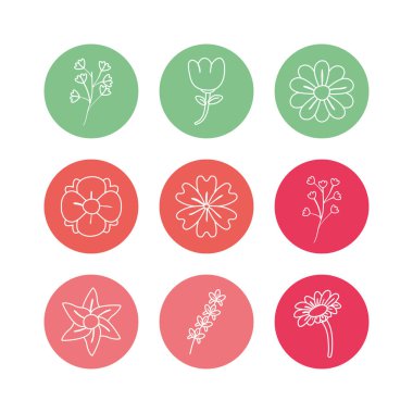 Flowers inside circles line block style icon set vector design