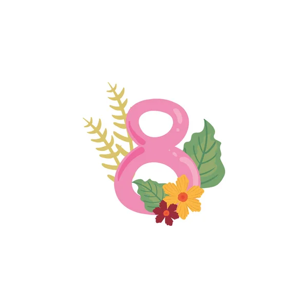 Oito flores número e folhas de mulheres dia preenchimento estilo ícone vetor design —  Vetores de Stock