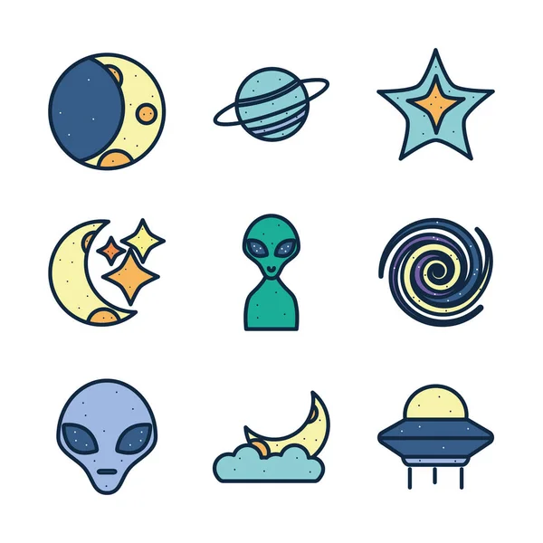 Isolated space line fill style icon set vector design — Stockvektor