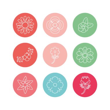 Flowers inside circles line block style icon set vector design