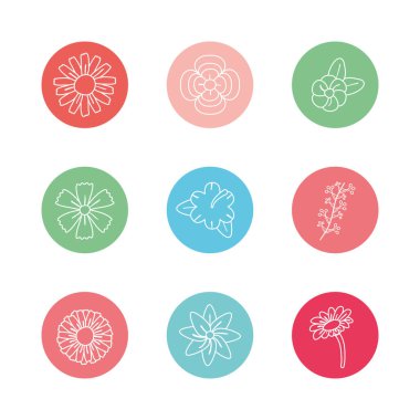 Flowers inside circles line block style icon set vector design