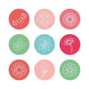 Flowers inside circles line block style icon set vector design
