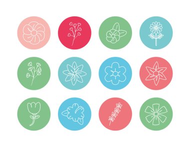 Flowers inside circles line block style icon set vector design