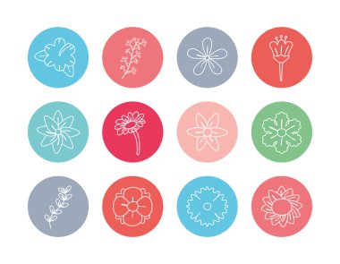 Flowers inside circles line block style icon set vector design