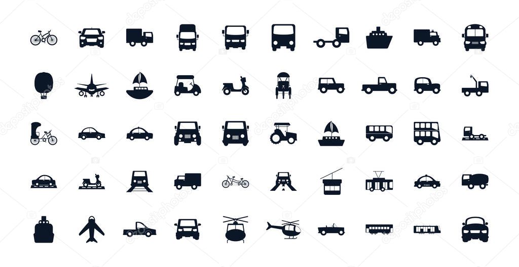 Isolated transportation vehicles silhouette style icon set vector design