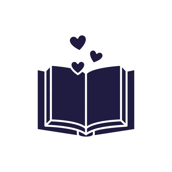 Isolado livro aberto e corações silhueta estilo ícone vetor design — Vetor de Stock
