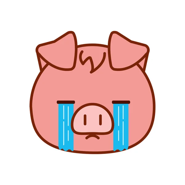 Cute kawaii pig cartoon crying line and fill style icon vector design — Stock Vector
