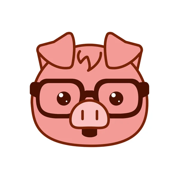 Cute kawaii pig cartoon with glasses line and fill style icon vector design — Wektor stockowy