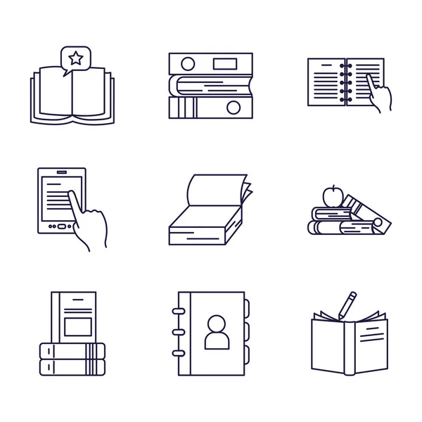 Libro aislado estilo línea icono conjunto vector diseño — Archivo Imágenes Vectoriales