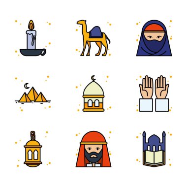 Ramadan line and fill style icon set vector design