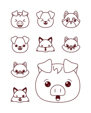Cute kawaii animals cartoons line style icon set vector design