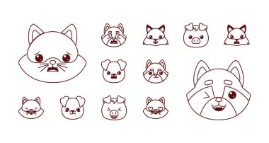 Cute kawaii animals cartoons line style icon set vector design