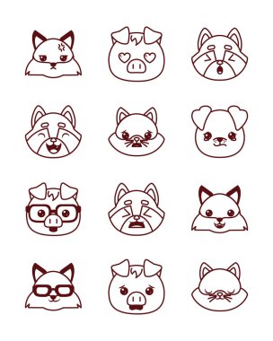 Cute kawaii animals cartoons line style icon set vector design