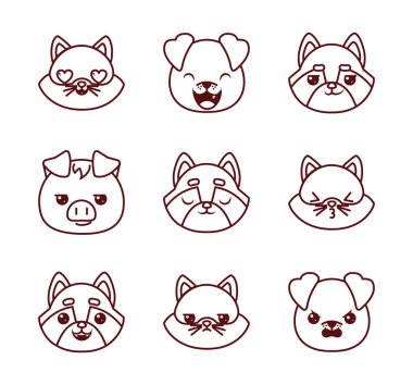 Cute kawaii animals cartoons line style icon set vector design