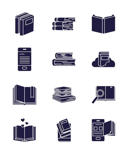 Livros isolados silhueta estilo ícone conjunto vetor design —  Vetores de Stock