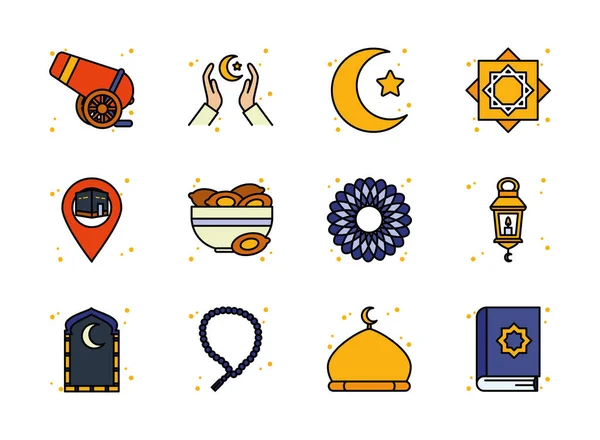 Ramadán línea y relleno icono estilo conjunto vector diseño — Archivo Imágenes Vectoriales