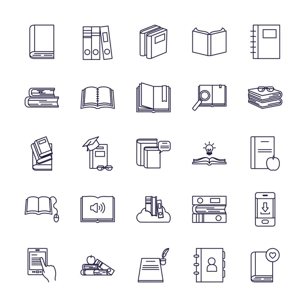 Livros isolados linha estilo ícone conjunto vetor design — Vetor de Stock