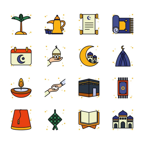 Ramadán línea y relleno icono estilo conjunto vector diseño — Archivo Imágenes Vectoriales