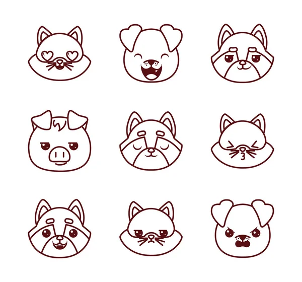 Cute kawaii animals cartoons line style icon set vector design
