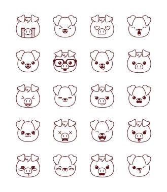 Cute kawaii animals cartoons line style icon set vector design