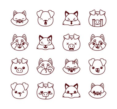 Cute kawaii animals cartoons line style icon set vector design