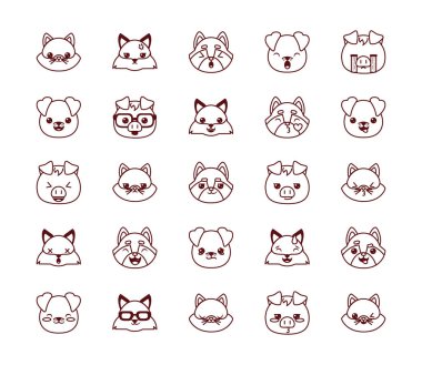 Cute kawaii animals cartoons line style icon set vector design