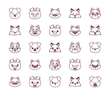 Cute kawaii animals cartoons line style icon set vector design