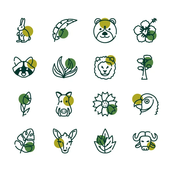 Biodiversity and animals half line half color style icon set vector design — Stockvektor