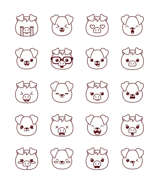Cute kawaii animals cartoons line style icon set vector design — 图库矢量图片