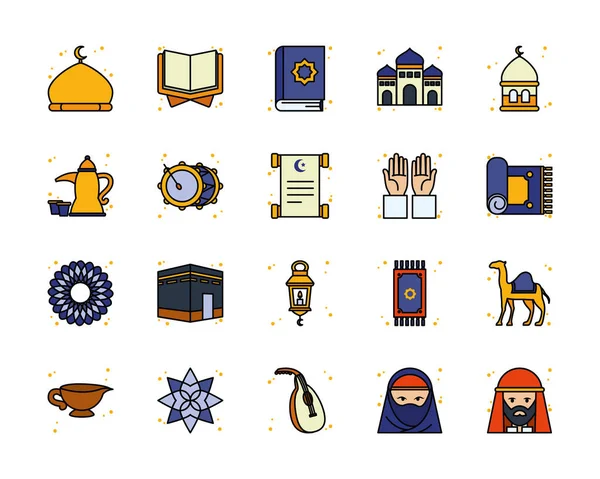 Ramadán línea y relleno icono estilo conjunto vector diseño — Archivo Imágenes Vectoriales