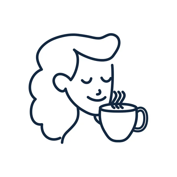 Dibujos animados de mujer aislada con taza de té doodle línea estilo icono diseño de vectores — Vector de stock