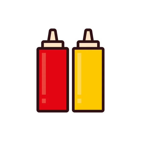 Bouteilles de sauces isolées ligne et design vectoriel icône de style remplissage — Image vectorielle