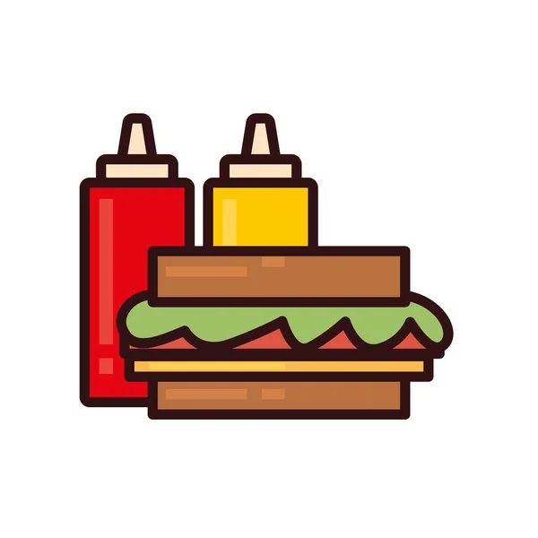 Geïsoleerde sauzen flessen en sandwich lijn en vul stijl pictogram vector ontwerp — Stockvector