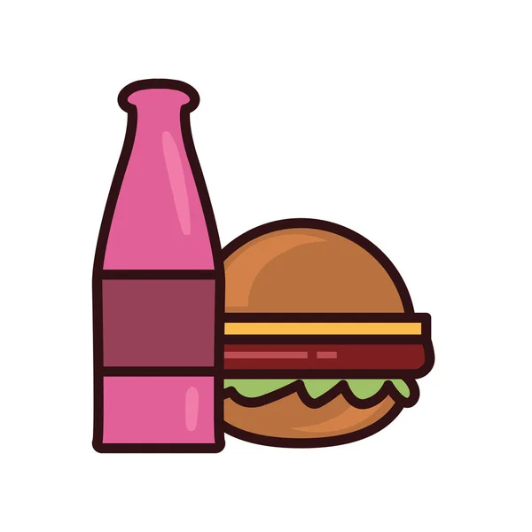 Bouteille isolée et ligne de hamburger et design vectoriel icône de style de remplissage — Image vectorielle