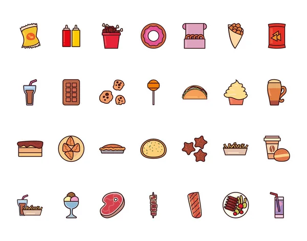 Línea de comida rápida aislada y diseño de vectores de iconos de estilo de relleno — Archivo Imágenes Vectoriales